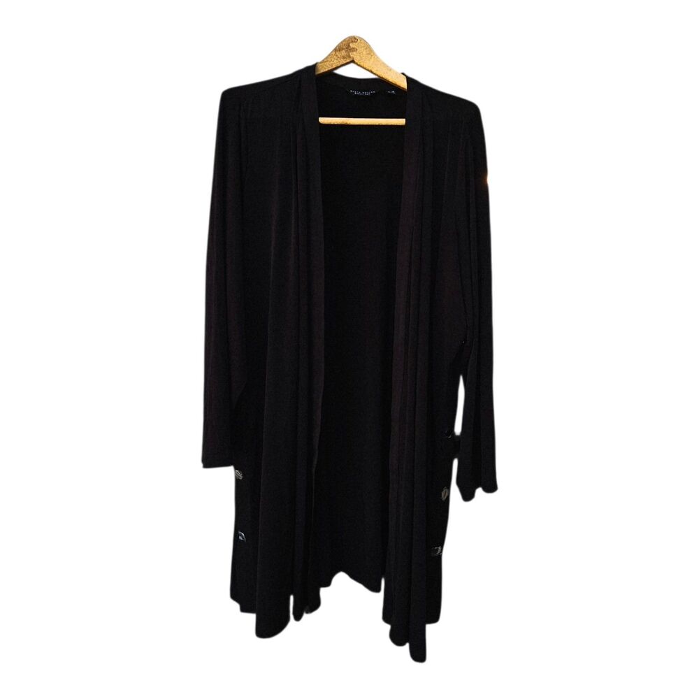 Susan Graver Everyday Liquid Knit Open Front Cardigan Black Side Buttons 3XL